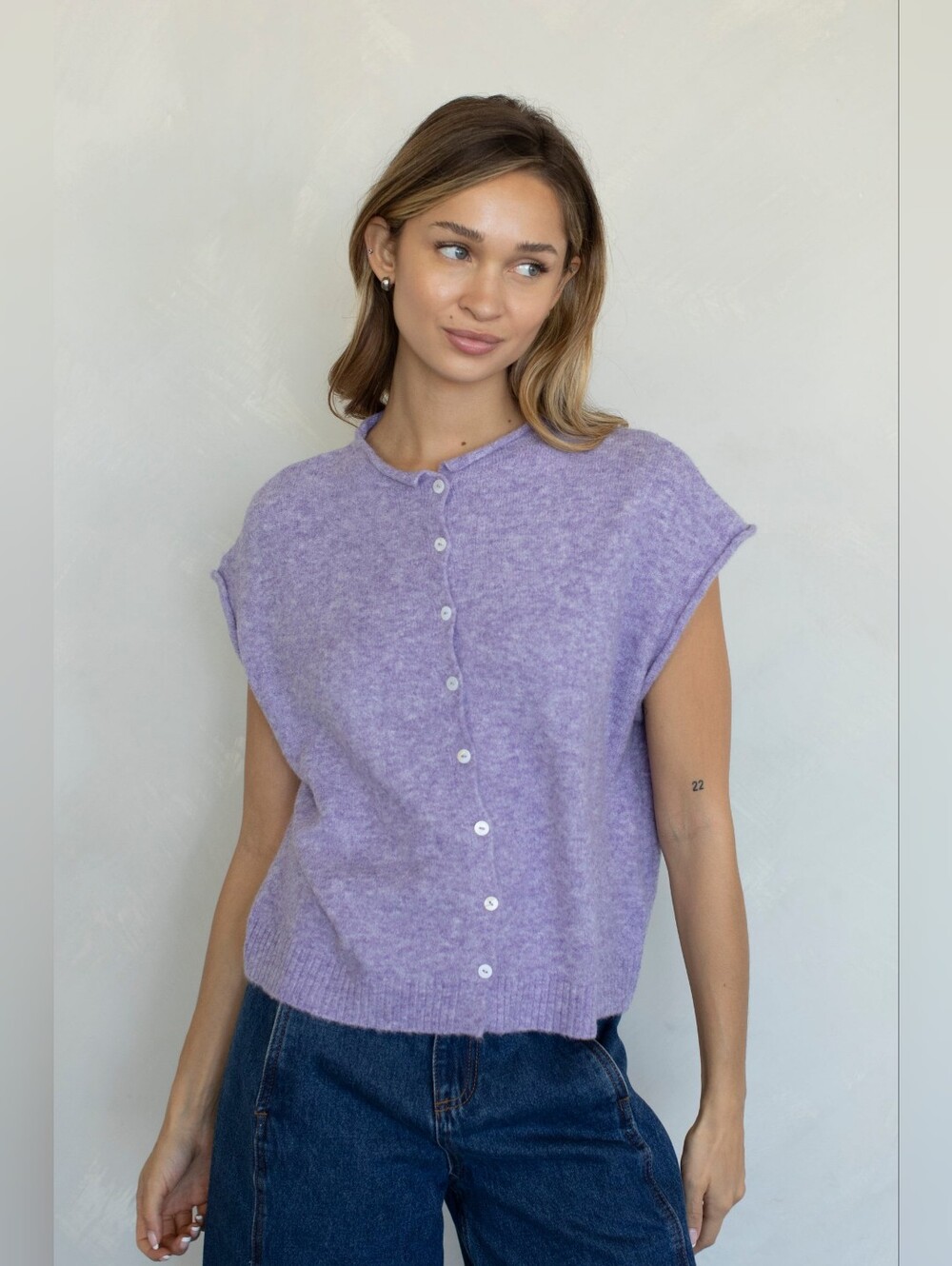 Lavender Button-Front Cap-Sleeve Knit Top